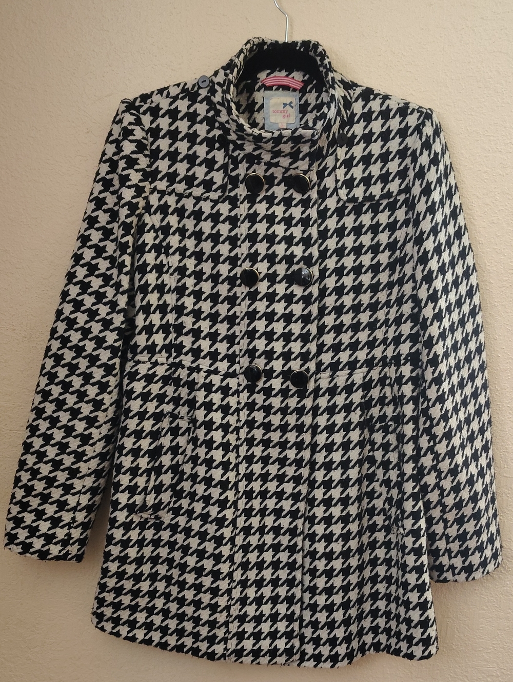 Tommy Girl Hilfiger Vintage Black & White Houndstooth Double-Breasted Coat Large